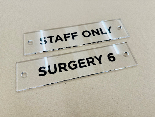 Clear acrylic door signs for Bank House Dental