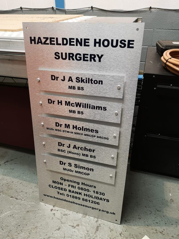 Brushed Silver Changeable Directory Sign for Hazeldine House Surgery