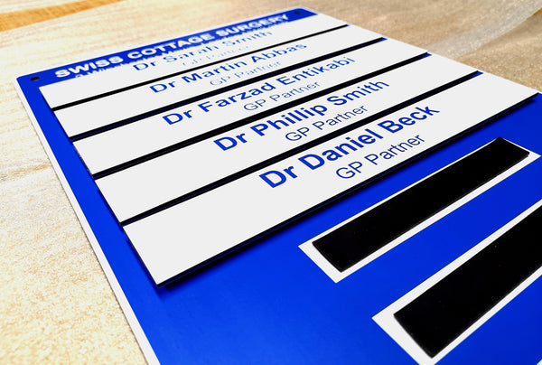 Magnetic Changeable Nameboard for Swiss Cottage Surgery
