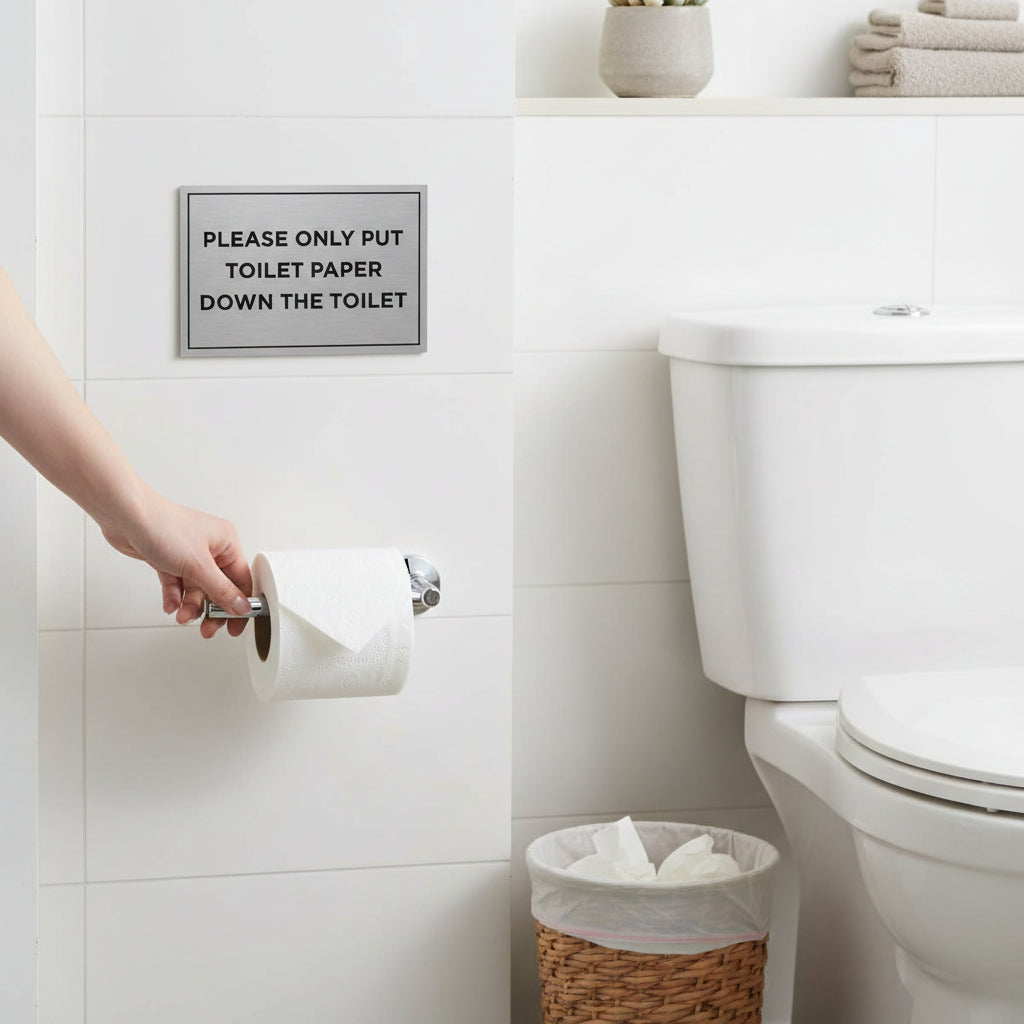 Slimline Aluminium Only Put Toilet Paper Down The Toilet Sign - 150 x 100mm | Viro Display