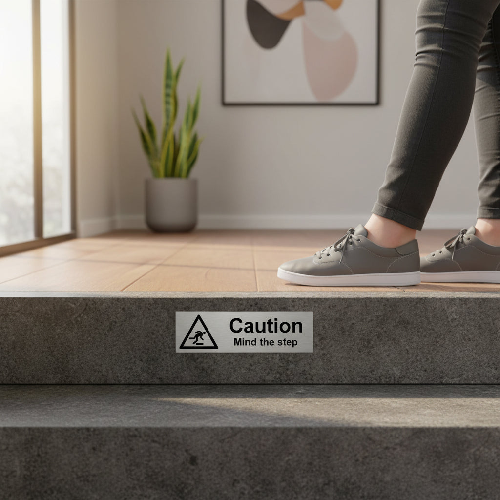 Slimline Aluminium Caution Mind the Step Sign - 200 x 60mm | Viro Display